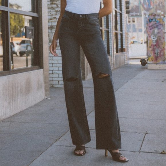 Vici Faded Black High Rise 90s Style Flare Wide Leg Jeans Distressed - Picture 7 of 10